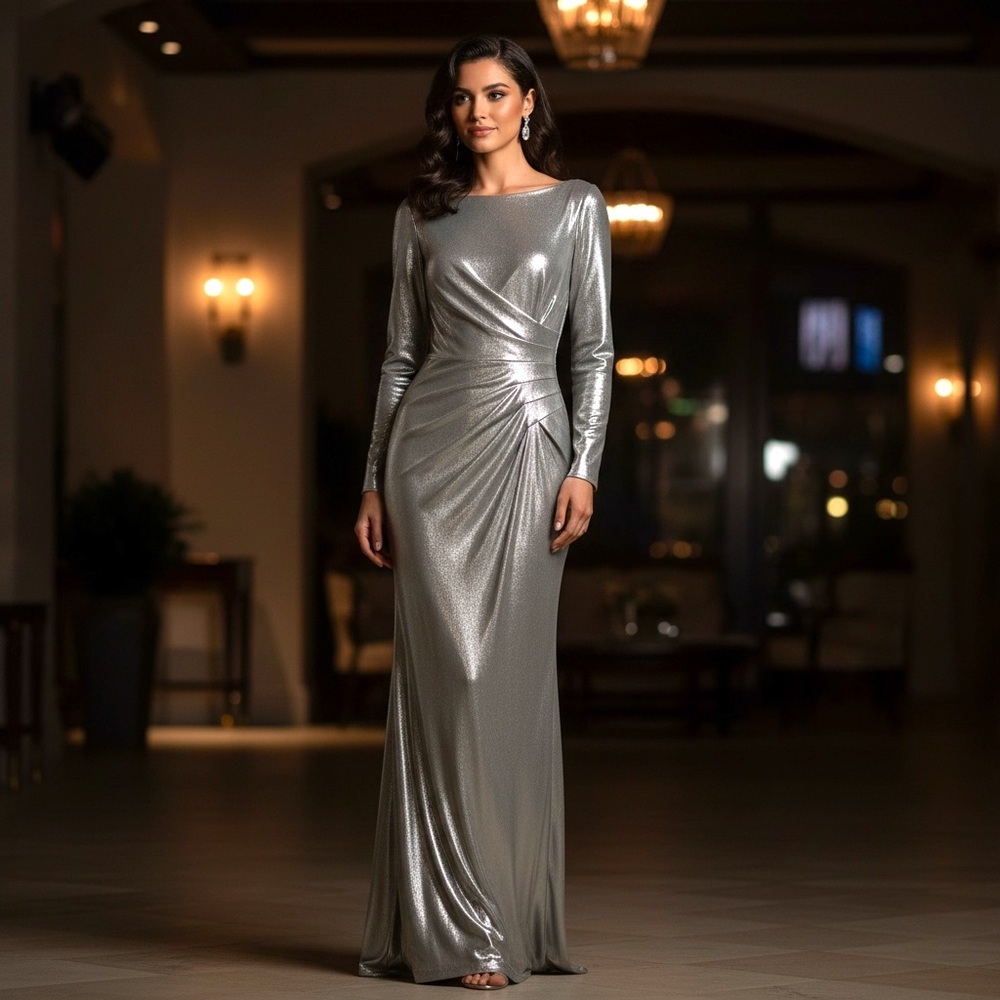 NWT Eliza J Silver Metallic Bell Sleeve Maxi Gown Size 4